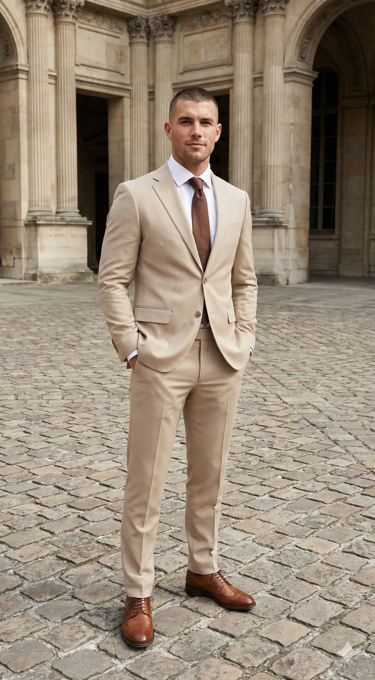Sand Beige Cotton Suit for Summer