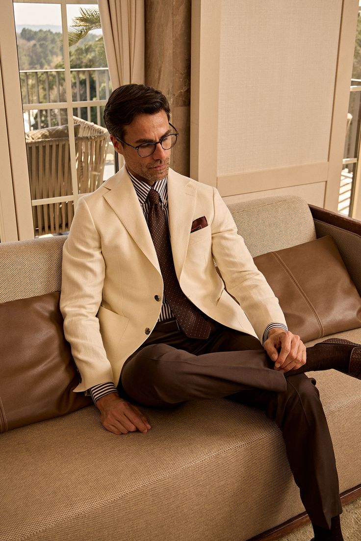 Ivory Cream Blazer with Dark Brown Trousers