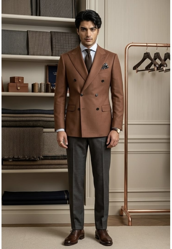 Terracotta Double-Breasted Blazer with Grey Trousers