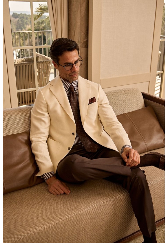 Ivory Cream Blazer with Dark Brown Trousers